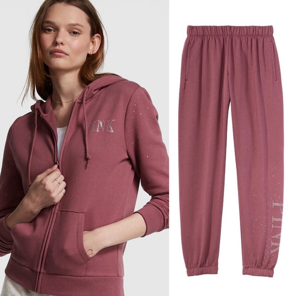 VS Pink NEW & SOLD OUT Morning Rose Shine SET Classic Sweatpants & Zip Up Hoodie